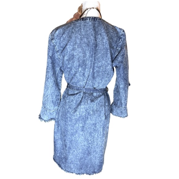 Given Kale Acid Washed 90s Look Ruffle Bell Sleeve Denim Wrap Belted Dress - Picture 2 of 6